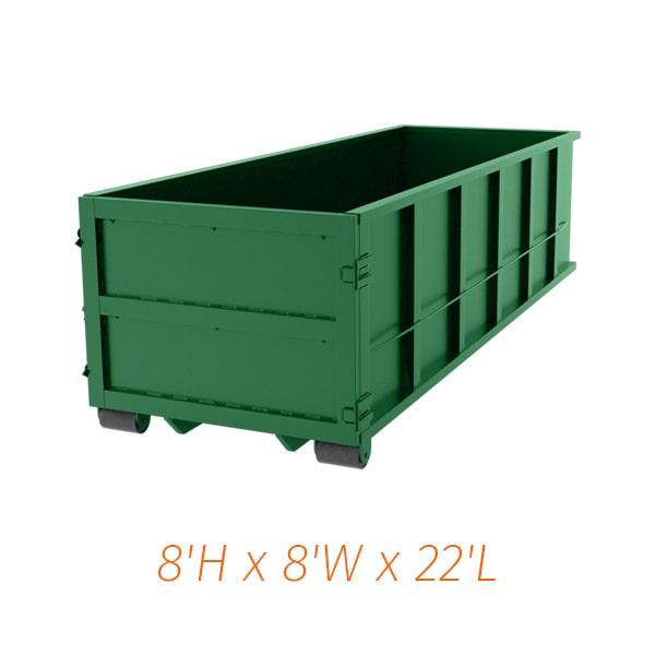 forty yard dumpsters measure 22 feet long, 8 feet wide, and 7 feet tall